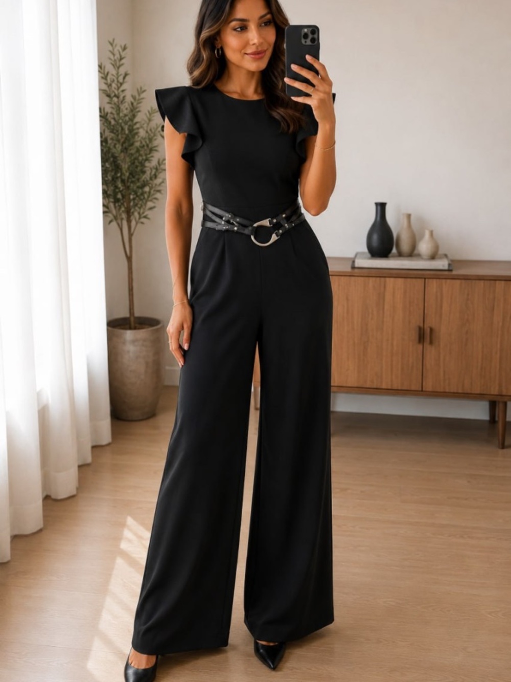 Calvin Klein Women’s Black Wide Leg Jumpsuit Size 8 Ruffle Sleeve Belted